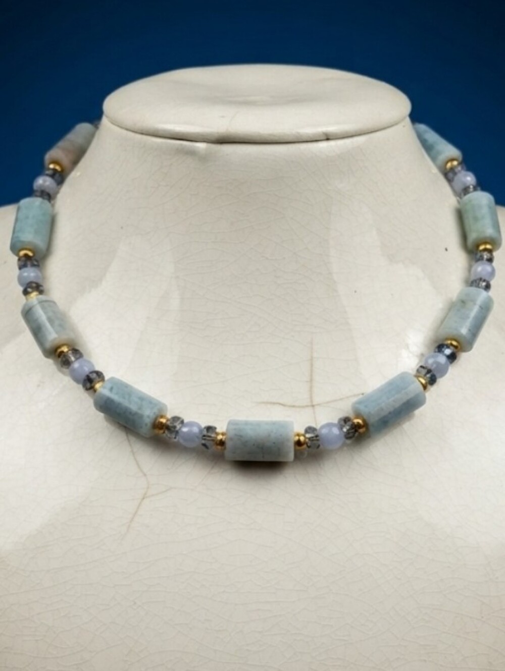 Natural Large Blue Aquamarine Stone And Bead Necklace Or Choker